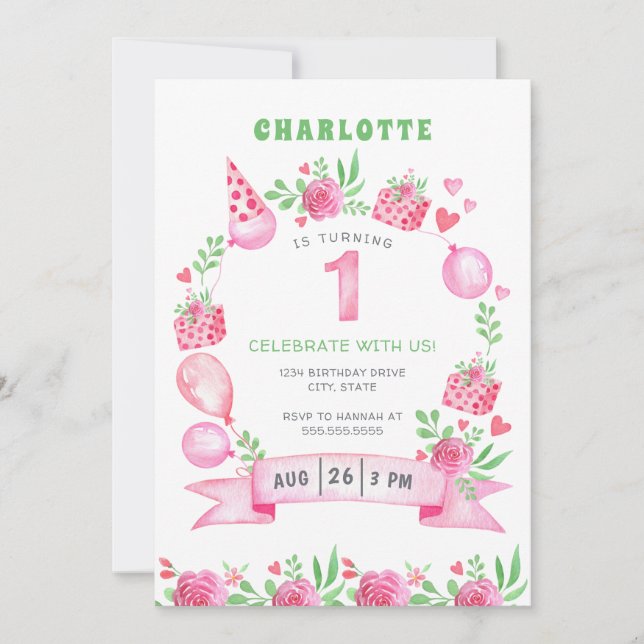 Pink Floral Balloons 1st First Birthday Invitation (Front)
