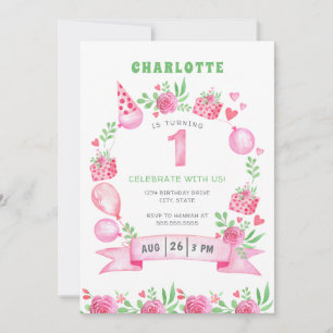 Pink Floral Balloons 1st First Birthday Invitation