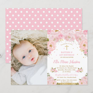 Pink Floral Baptism 1st Birthday Party Photo Invitation