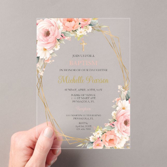 Pink floral baptism acrylic invitations (Insitu (Handheld))