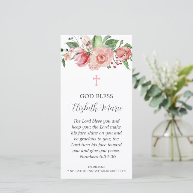 Pink Floral Baptism Bookmark Favour for Girls Thank You Card (Standing Front)