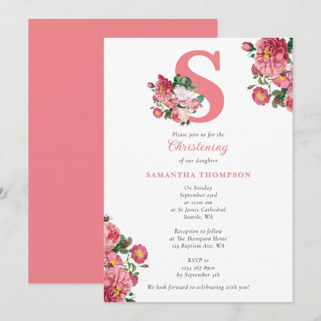 Pink Floral Baptism Christening Baby Girl Initials Invitation (Front/Back)