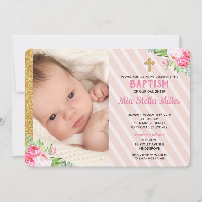 Pink Floral Baptism Christening Girl Photo Invitation (Front)