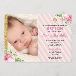 Pink Floral Baptism Christening Girl Photo Invitation