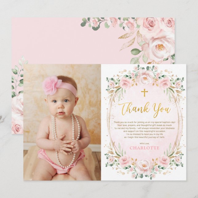 Pink Floral Baptism Christening Thank You Card (Front/Back)