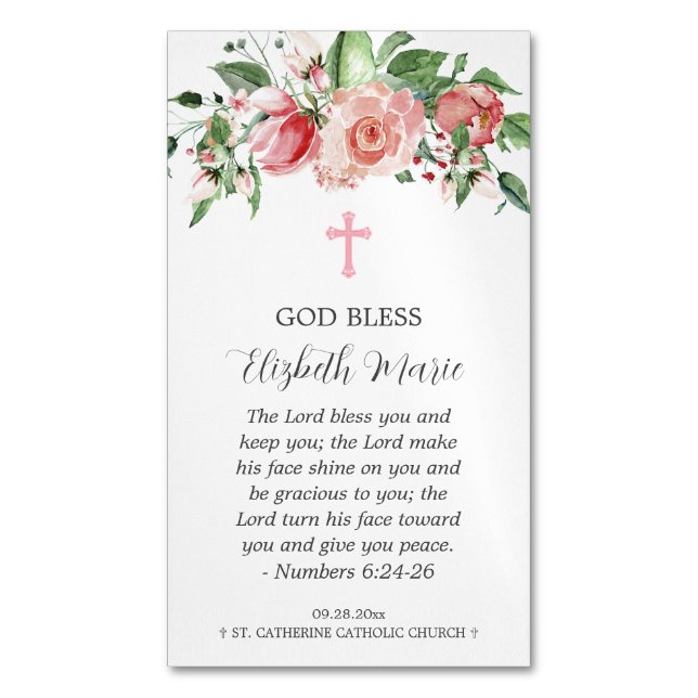 Pink Floral Baptism for Girls Magnet Party Favours (Front Vertical)
