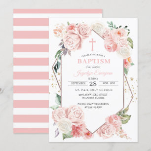 Pink Floral Baptism Invitation