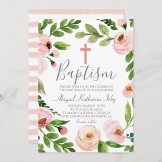 Pink Floral Baptism Invitation