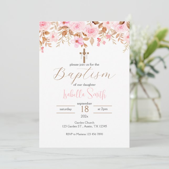 Pink Floral Baptism Invitation (Standing Front)