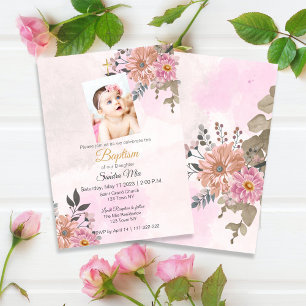 Pink Floral Baptism Invitation