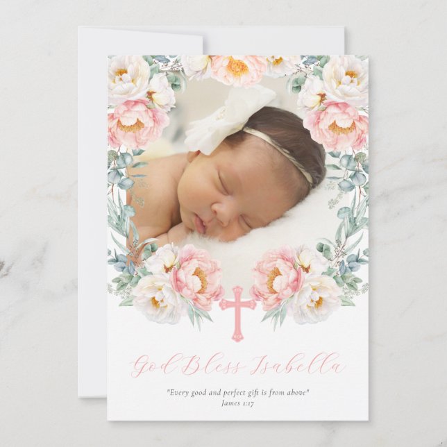 Pink Floral Baptism Invitation with Photo (Back)