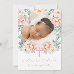 Pink Floral Baptism Invitation with Photo