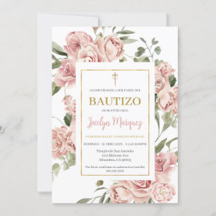 Pink Floral Baptism invite in Spanish