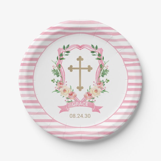 Pink Floral Baptism Paper Plate (Front)