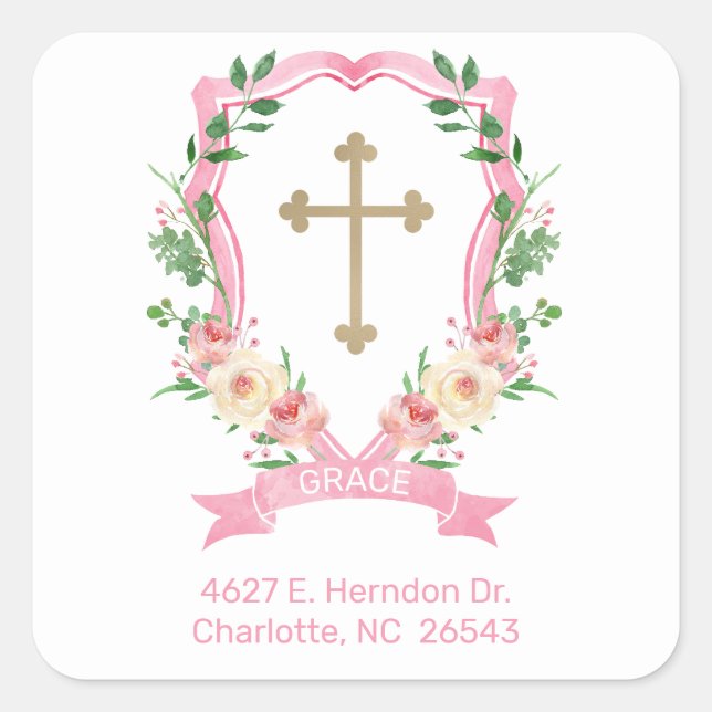 Pink Floral Baptism Return Address Square Sticker (Front)