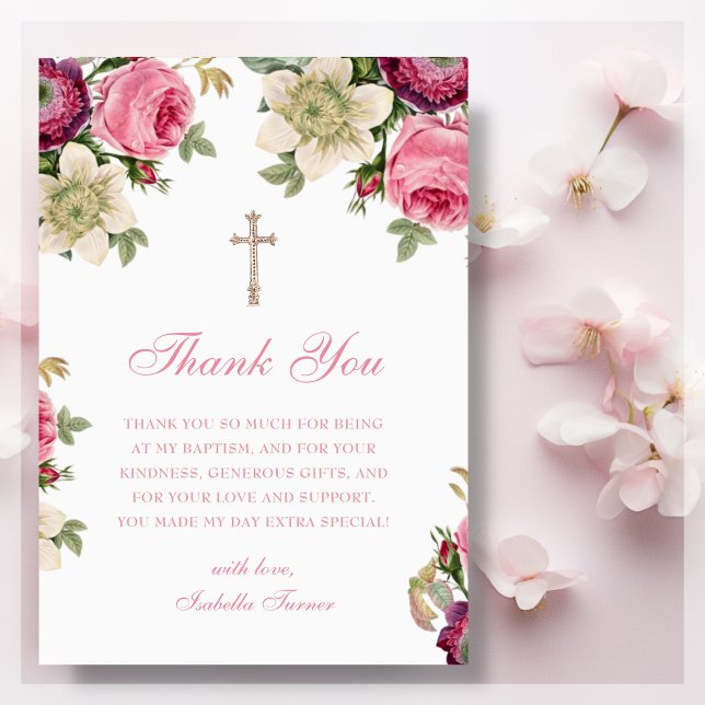 Pink Floral | Baptism Thank You Card (Creator Uploaded)