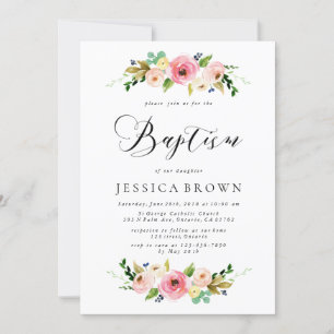 Pink Floral Baptism Watercolor Floral Baptism Invitation