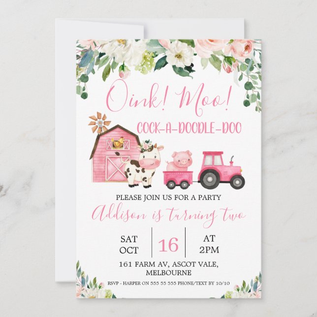 Pink Floral Barn Tractor Farm Birthday Invitation (Front)