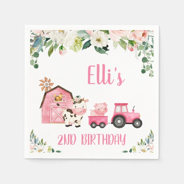 Pink Floral Barn Tractor Farm Birthday Paper Napkin (Front)