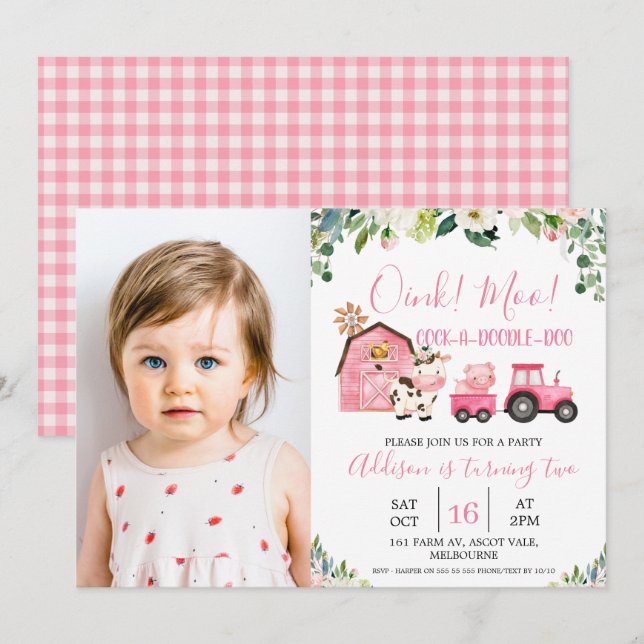 Pink Floral Barn Tractor Farm Photo Birthday Invitation (Front/Back)