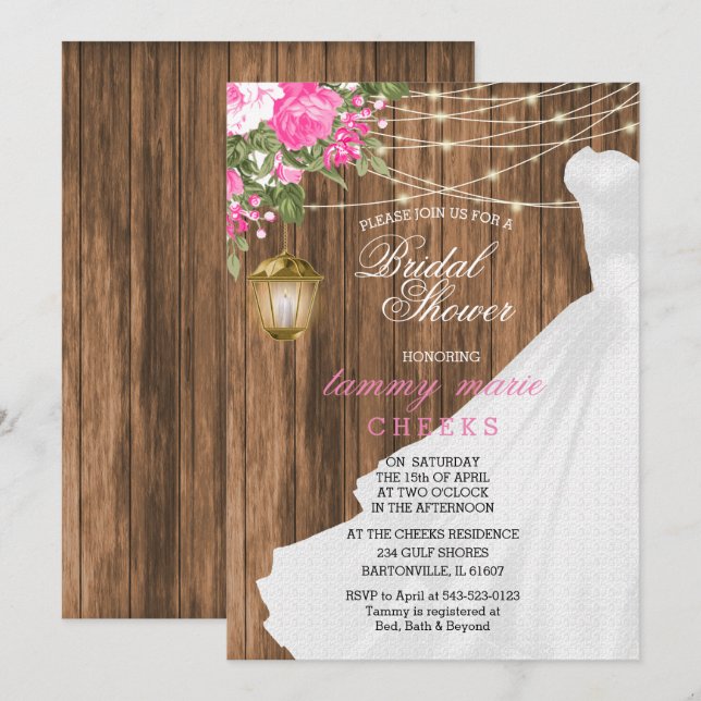 Pink Floral Barn Wood Bridal Shower Invitation (Front/Back)