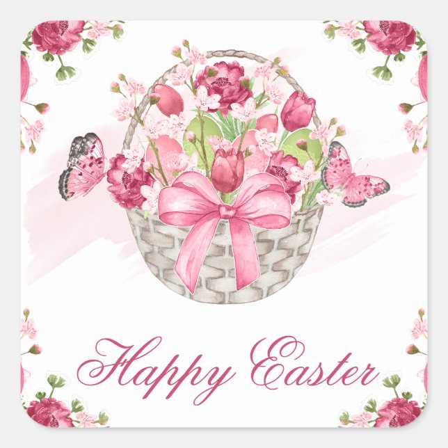 Pink Floral Basket and Butterflies Happy Easter Square Sticker (Front)