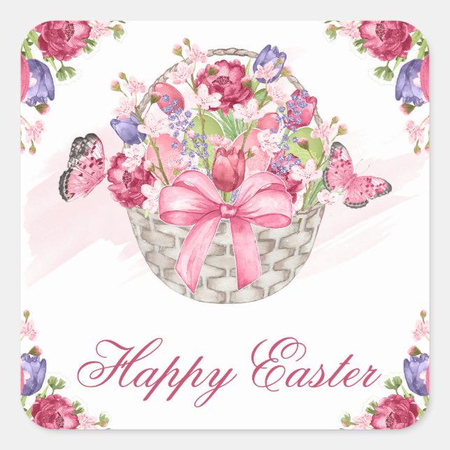 Pink Floral Basket and Butterflies Happy Easter Square Sticker (Front)