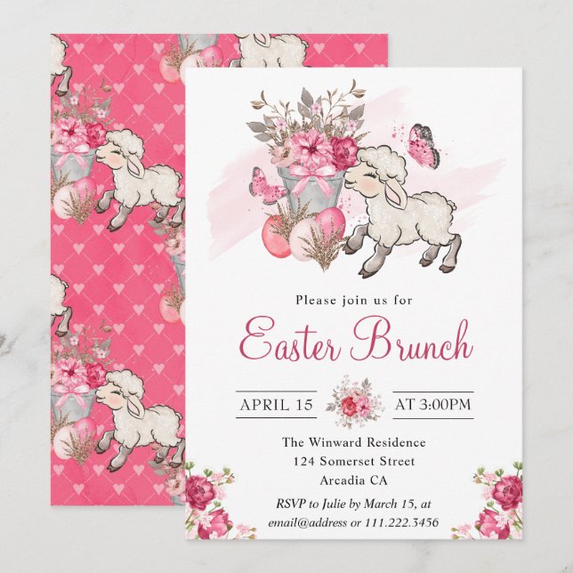 Pink Floral Basket and Cute Lamb Easter Brunch Invitation (Front/Back)