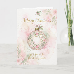 Pink Floral Bauble Merry Christmas Card