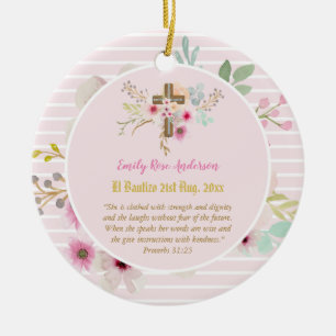 Pink Floral BAUTIZO Baptism Bible Verse Photo Girl Ceramic Tree Decoration