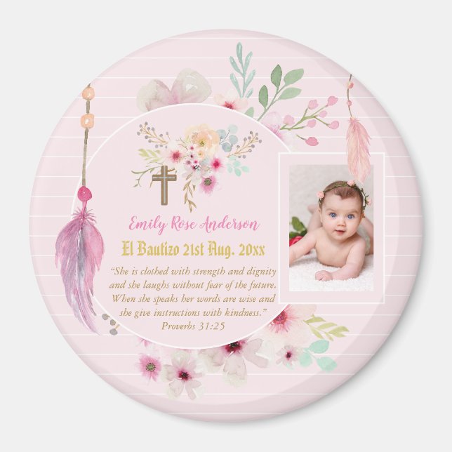 Pink Floral BAUTIZO Baptism Bible Verse Photo Girl Magnet (Front)