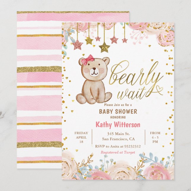 Pink Floral Bear Baby Shower Invitation (Front/Back)