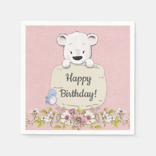 Pink Floral Bear Birthday Napkin