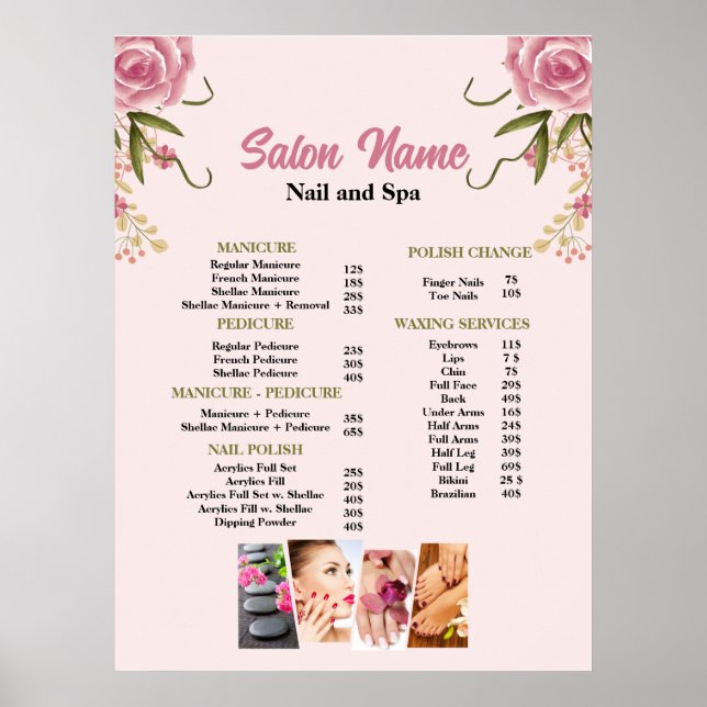 Pink  Floral Beauty Nail Salon Price List menu Poster (Front)