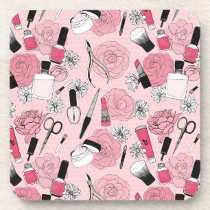 Pink Floral Beauty Products Pattern Coaster
