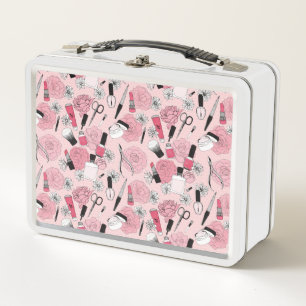 Pink Floral Beauty Products Pattern Metal Lunch Box