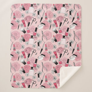 Pink Floral Beauty Products Pattern Sherpa Blanket