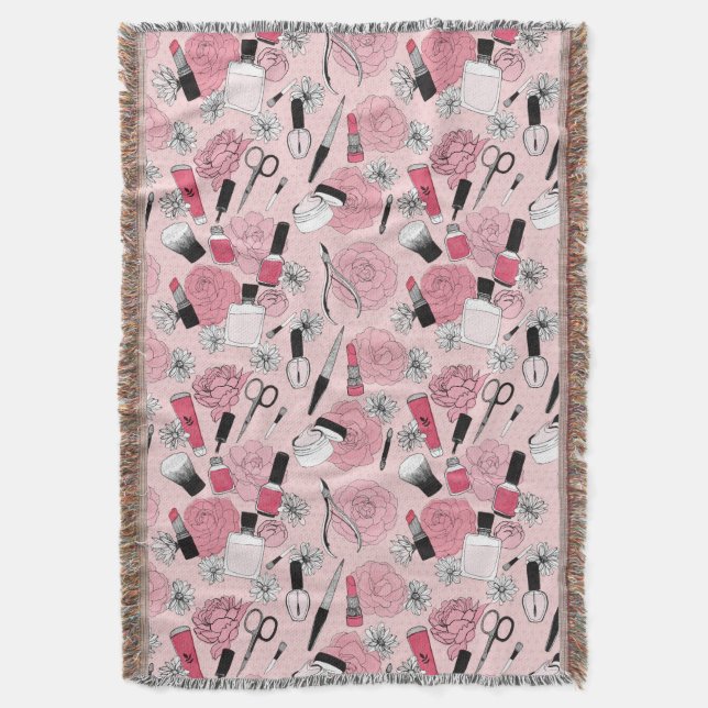 Pink Floral Beauty Products Pattern Throw Blanket (Front Vertical)