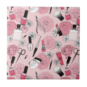 Pink Floral Beauty Products Pattern Tile