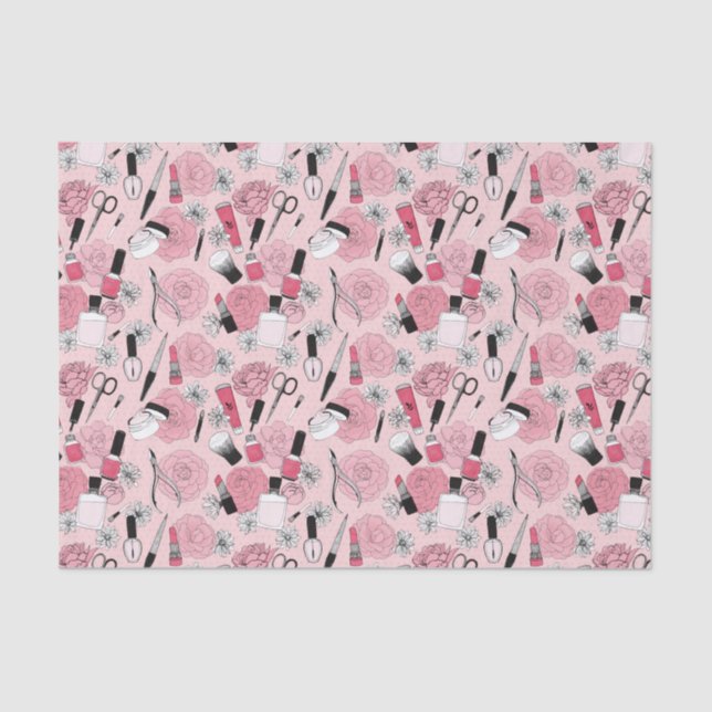 Pink Floral Beauty Products Pattern Tissue Paper (Front)