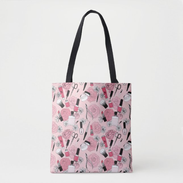 Pink Floral Beauty Products Pattern Tote Bag (Front)