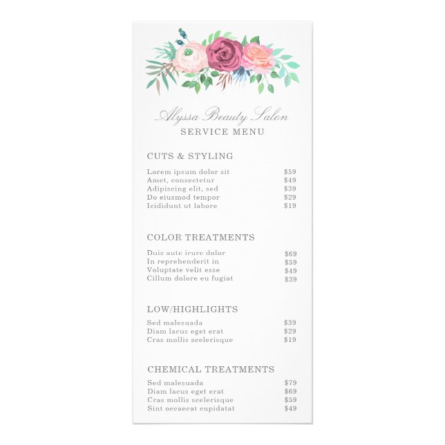 Pink Floral Beauty Salon Service Menu Price List (Front)
