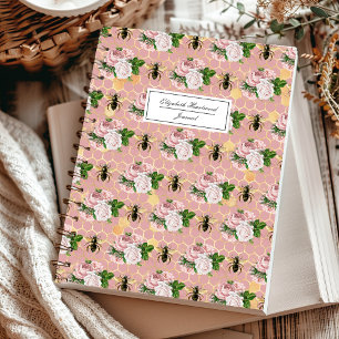 Pink Floral Bees Honeycomb Pattern Personalised Notebook