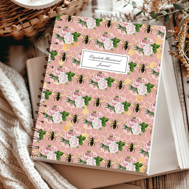 Pink Floral Bees Honeycomb Pattern Personalised Notebook (Creator Uploaded)