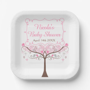 Pink Floral Bird Baby Shower  Paper Plate