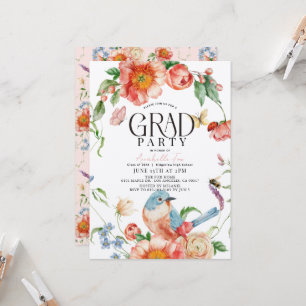 Pink Floral Bird Butterfly Graduation Party Invitation