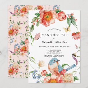 Pink Floral & Bird Piano White Recital Invitation