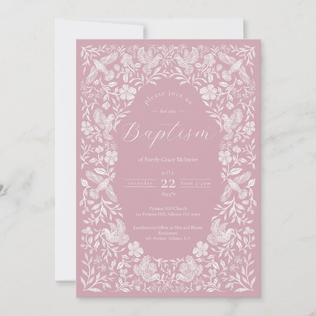Pink Floral Birdie Baby Baptism Invitation (Front)