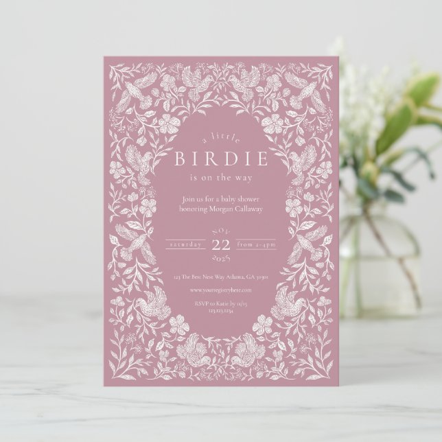 Pink Floral Birdie Baby Shower Invitation (Standing Front)