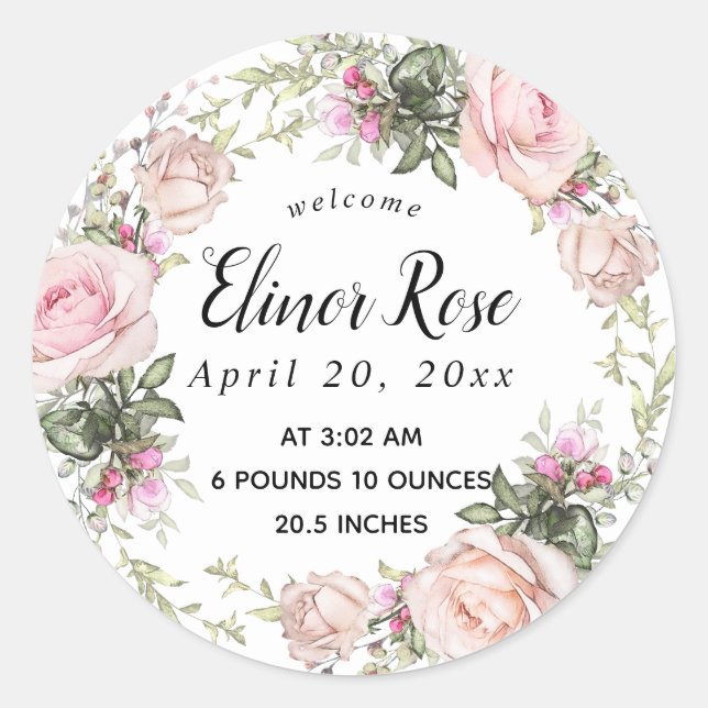 Pink Floral Birth Announcement Envelope Seal (Front)